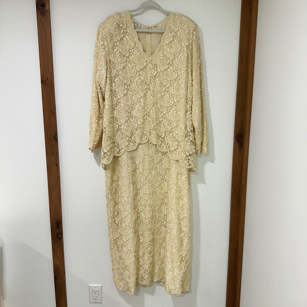 Scala Beaded Maxi Dress Women Plus Floral Pearl Sequin Formal Gown Cream Ivory